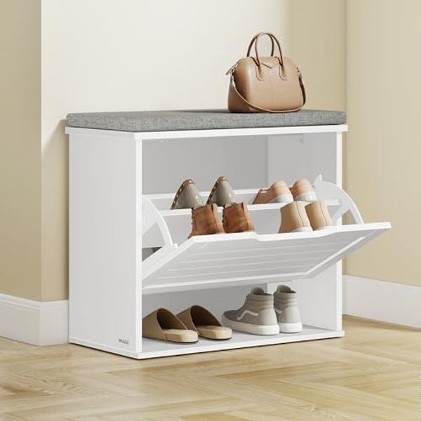VASAGLE Schuhbank mit Sitzkissen, 2er Set, Sitzbank, jeder Schuhkipper für 6 Paar Schuhe, Klappfach mit Verstellbarer Trennwand, 30 x 60 x 53,5 cm, Flur, Schlafzimmer, wolkenweiß-Taubengrau