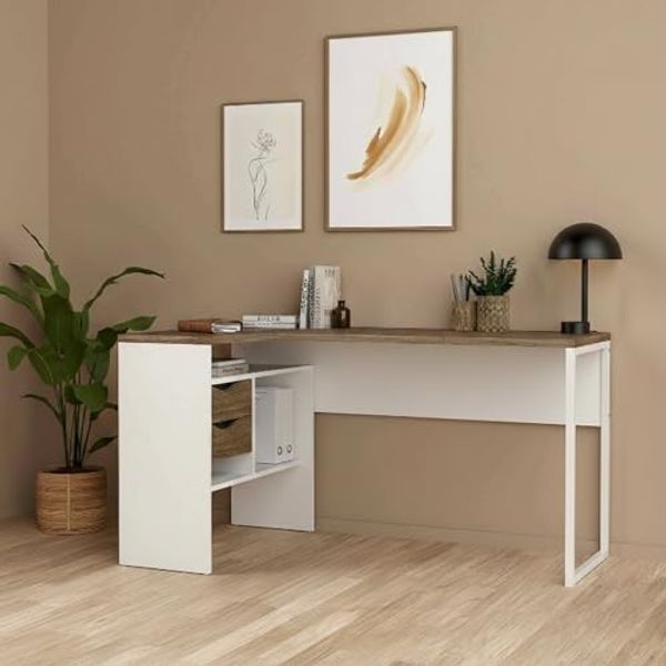 Dmora - Schreibtisch Patience, Mehrzweckschreibtisch, B?rotisch f?r PC, Eckschreibtisch, 145x81 h77 cm, Wei?