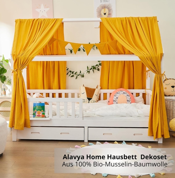 Alavya Home® Betthimmel Dekoset für Hausbett CLOUD 80x160, 90x200 – OTTOs Choice, Topseller (KOMPLETT SET I 2 Stück Betthimmel I 1 Stück Wimpelkette 300cm cm lang mit 9 Stück Wimpeln, 3-tlg), Dekoset aus 100% Bio-Musselin Baumwolle GOTS zertifiziert, 1... Bild 3