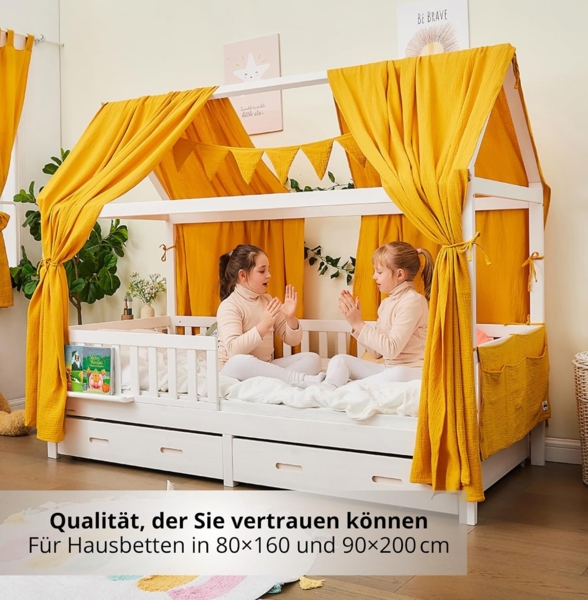 Alavya Home® Betthimmel Dekoset für Hausbett CLOUD 80x160, 90x200 – OTTOs Choice, Topseller (KOMPLETT SET I 2 Stück Betthimmel I 1 Stück Wimpelkette 300cm cm lang mit 9 Stück Wimpeln, 3-tlg), Dekoset aus 100% Bio-Musselin Baumwolle GOTS zertifiziert, 1... Bild 7