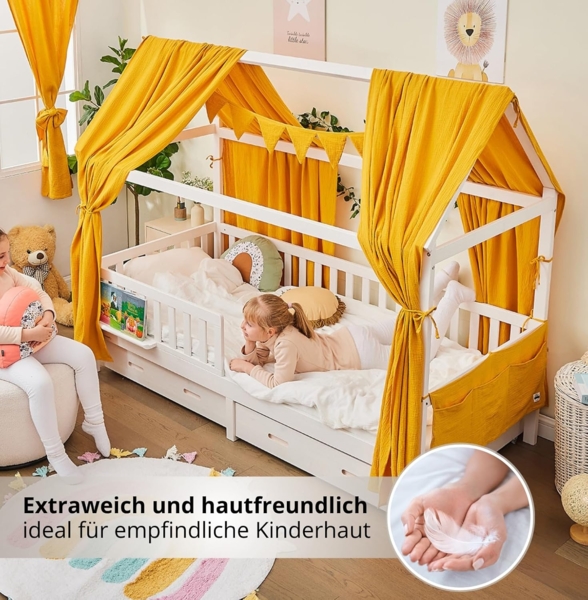 Alavya Home® Betthimmel Dekoset für Hausbett CLOUD 80x160, 90x200 – OTTOs Choice, Topseller (KOMPLETT SET I 2 Stück Betthimmel I 1 Stück Wimpelkette 300cm cm lang mit 9 Stück Wimpeln, 3-tlg), Dekoset aus 100% Bio-Musselin Baumwolle GOTS zertifiziert, 1... Bild 8