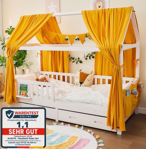 Alavya Home® Betthimmel Dekoset für Hausbett CLOUD 80x160, 90x200 – OTTOs Choice, Topseller (KOMPLETT SET I 2 Stück Betthimmel I 1 Stück Wimpelkette 300cm cm lang mit 9 Stück Wimpeln, 3-tlg), Dekoset aus 100% Bio-Musselin Baumwolle GOTS zertifiziert, 1... Bild 2