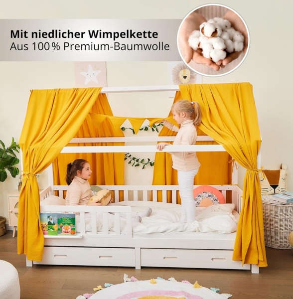 Alavya Home® Betthimmel Dekoset für Hausbett CLOUD 80x160, 90x200 – OTTOs Choice, Topseller (KOMPLETT SET I 2 Stück Betthimmel I 1 Stück Wimpelkette 300cm cm lang mit 9 Stück Wimpeln, 3-tlg), Dekoset aus 100% Bio-Musselin Baumwolle GOTS zertifiziert, 1... Bild 6