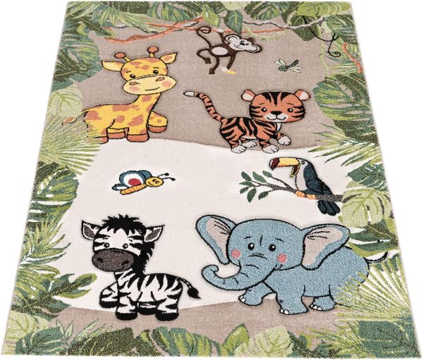 Paco Home Kinderteppich Kinderzimmer Dschungel Tiere Giraffe Löwe AFFE Zebra Beige Creme, Grösse:Ø 120 cm Rund Bild 7