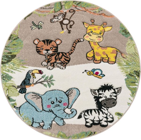 Paco Home Kinderteppich Kinderzimmer Dschungel Tiere Giraffe Löwe AFFE Zebra Beige Creme, Grösse:Ø 120 cm Rund Bild 6