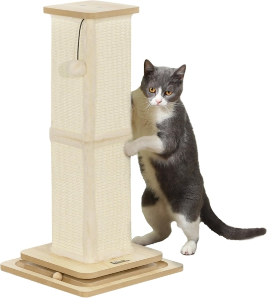 PawHut Kratzbaum 3-in-1 Design, 67cm Kratzsäule, Sisal-Katzenkratzbaum mit Spielball, Indoor, Eiche