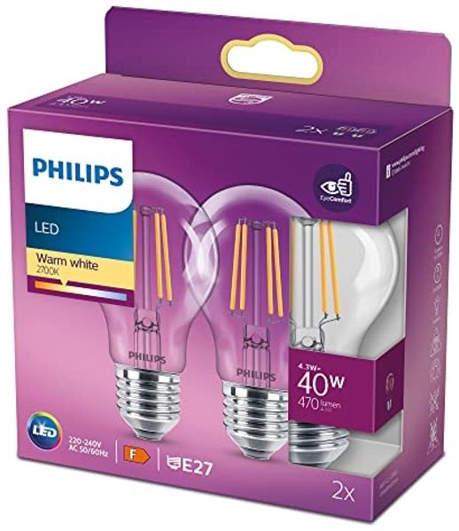 Philips LED classic Lampe 40W E27 Warmweiß 470lm klar 2erPack