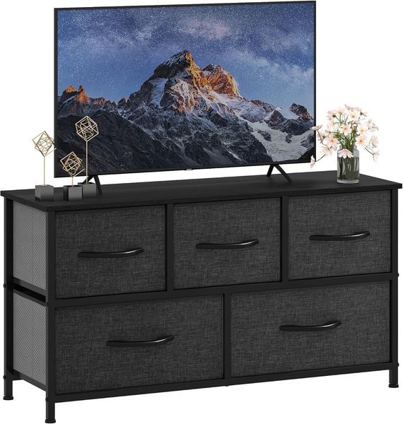 DWVO Kommode mit 5 Schubladen, Schrank aus Stoff mit Griffen, Metallgestell & MDF-Holzplatte, langlebig, für Schlafzimmer & Wohnzimmer,Schwarz Grau