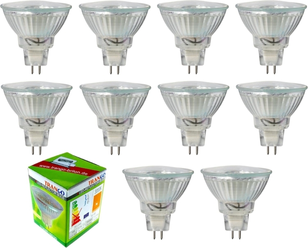 TRANGO LED-Leuchtmittel, 10er Set MR16030 LED Leuchtmittel mit MR16 Fassung zum Austausch von herkömmlichen Halogen Leuchtmittel MR16 I GU5.3 I G4 12 Volt 3000K warmweiß, 10 St, 10er Set MR16030 LED Leuchtmittel mit MR16 Fassung zum Austausch von herkö...