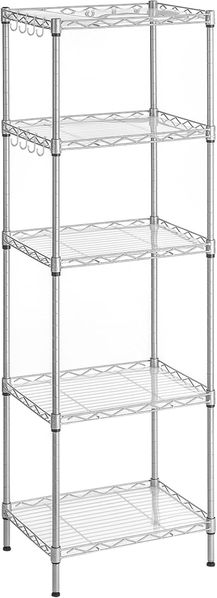 Songmics Küchenregal mit 5 Ebenen, Metallregal, Standregal, höhenverstellbare Gitterablage, mit PP-Kunststoffplatten, 8 S-Haken, für Küche, Wohnzimmer, bis zu 100 kg belastbar, silbern LGR115E01