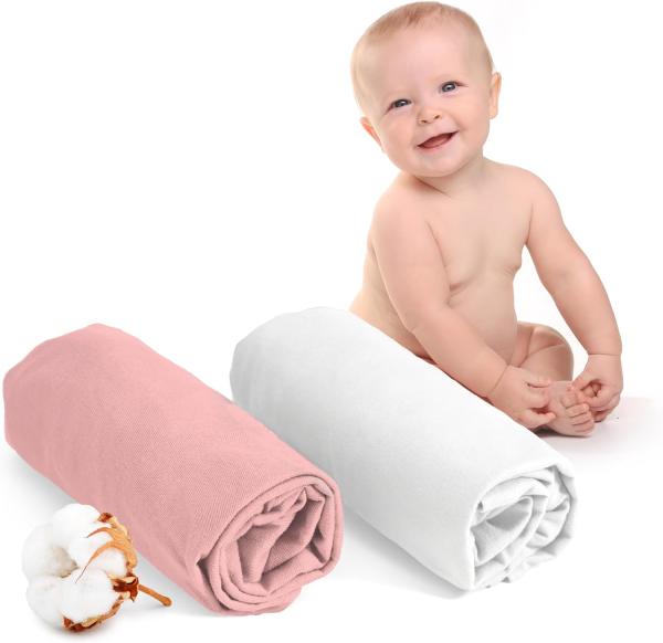 Dreamzie - Spannbettlaken 70x140 Baby 2er Pack - Baumwolle Oeko Tex Zertifiziert - Weiß und Rose - 100% Jersey Spannbetttuch 70x140 cm