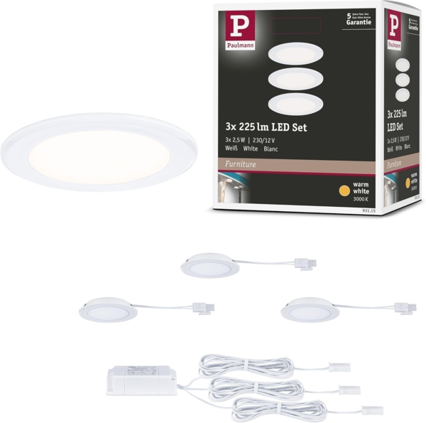 Paulmann LED Möbel-Einbauleuchte weiß Ø 6,5 cm warmweiß 3er Set