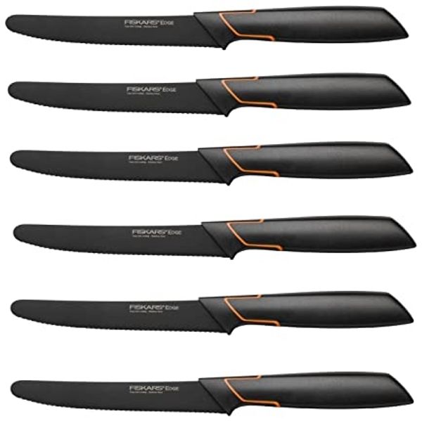 Fiskars 6 Stück Tafelmesser - Tomatenmesser Edge mit Wellenschliff rostfrei - Modernes Design - Schwarz