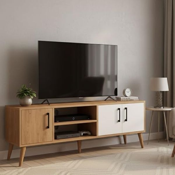 Dmora TV-Schrank Tiaki 150 x 34 x 52 cm, Braun, 1 Regal, 4 Fächer