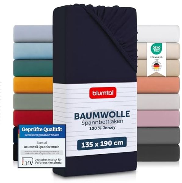 Blumtal® Spannbettlaken 135x190 cm Basics Jersey - Bettlaken 135x190 cm aus 100% Baumwolle - Oeko-TEX zertifiziertes Spannbetttuch 135x190 cm - Matratzenbezug 135x190 - Laken - Dark Ocean Blue - Blau