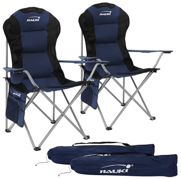 Hauki Campingstuhl Faltstühl faltbar mit Getränkehalter & Tragetasche bis 150kg (2 St), 2x Klappstuhl 56x95x110cm Blau Angelstuhl mit Hochlehner Gepolster