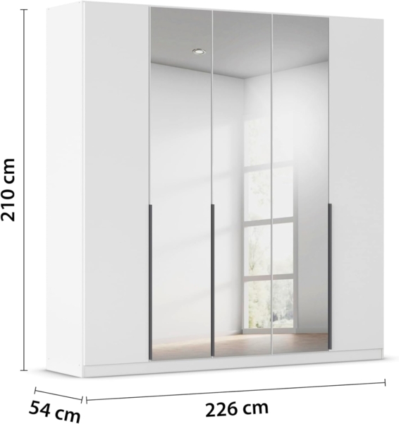 Rauch Möbel Alabama, Kleiderschrank, Garderobenschrank, 5-türig, Spiegel, Zubehör Basic, 3 Kleiderstangen, 3 Einlegeböden, Farbe Weiß, Griff Grau metallic, 226 x 210 x 54 cm Bild 3