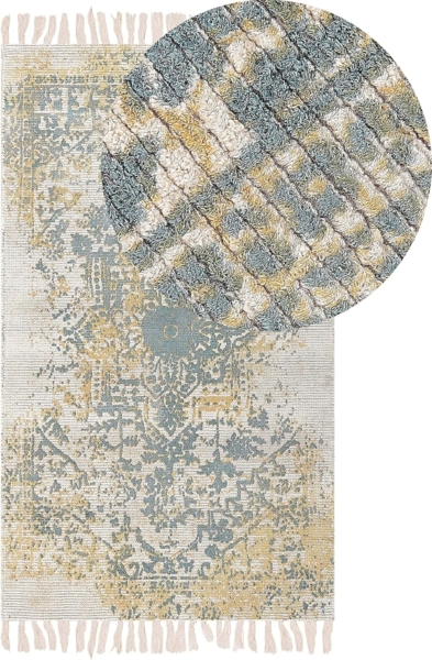 Teppich Viskose senfgelb grün 80 x 150 cm orientalisches Muster Kurzflor BOYALI