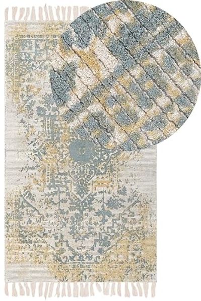 Teppich Viskose senfgelb grün 80 x 150 cm orientalisches Muster Kurzflor BOYALI