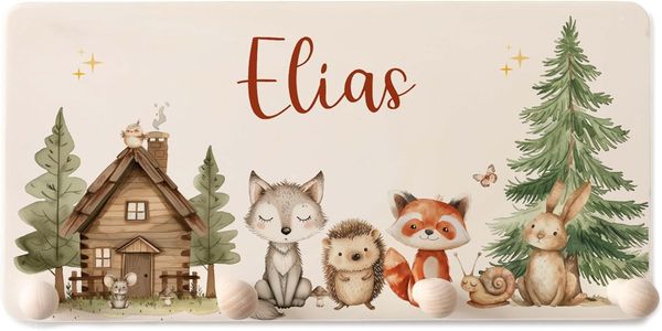 Kidsmood Kindergarderobe Personalisiert mit Namen, Kinderzimmer Möbel aus robustem Holz, Garderobenleiste Kinder, Baby Garderobe für Babyzimmer mit 4 Kleiderhaken Wand-Montage [40 x 20 x 1,5 cm]