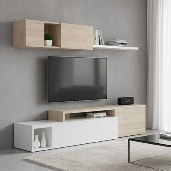 Dmora - Wandeinheit Baker, modulares Eck-Wohnzimmerset, Wohnzimmermöbel Multiposition TV-Ständer, 201 x 41 x 180 cm, Weiß und Eiche