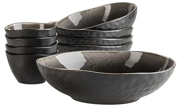 Modernes Schüsselset für 4 Personen in aufregendem Vintage Look, 9-teiliges Schalen Set mit besonderer Glasurkombination in Schwarz und Braun, Steinzeug