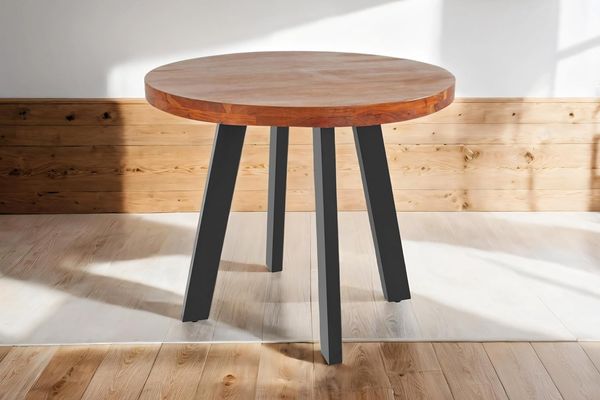 SAM Runder Esszimmertisch 100 cm Sophia, Akazienholz massiv, Esstisch nussbaumfarben, 4-Fuß-Gestell Metall schwarz, Holztisch Industrial, aufgedoppelte Tischplatte 50(25+25mm), FSC® 100% Zertifiziert
