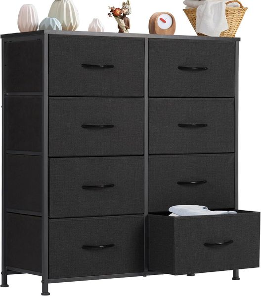 DUMOS Kommode für Schlafzimmer mit Stoffschubladen hohe Organizer für Kleidung Schrank Kinderzimmer Aufbewahrungsturm mit Schrank Metallrahmen Holzplatte leichte