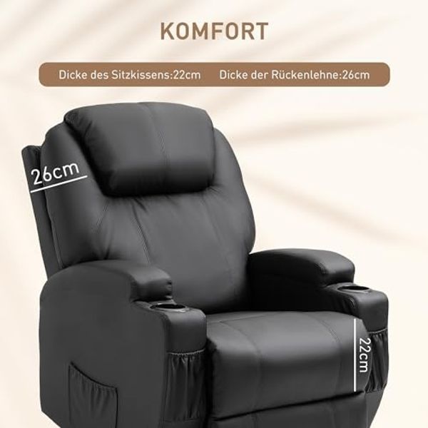HOMCOM Massagesessel Massagefunktion, Liegefunktion, aus Kunstleder (Fernsehsessel, 1-St, Relaxsessel), für Wohnbereich, Schwarz Bild 6