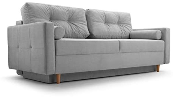 Schlafsofa Sofa Pastella Couch Ausklappbares Sofa Schlaffunktion Bettkasten - Kissen Bettzeugbehälter Hilfsautomat - Wohnzimmer, Gästezimmer Modern Design (Queens 21 Hellgrau)