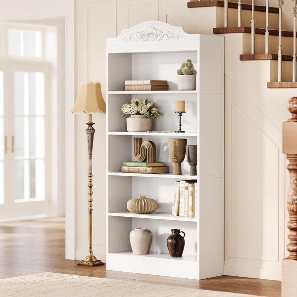 LITTLE TREE 5-stöckiges Bücherregal mit Stauraum, 185 cm (73 Zoll) weißes Bücherregal, modernes offenes Regal, Bücherregal für Wohnzimmer, Schlafzimmer, Homeoffice