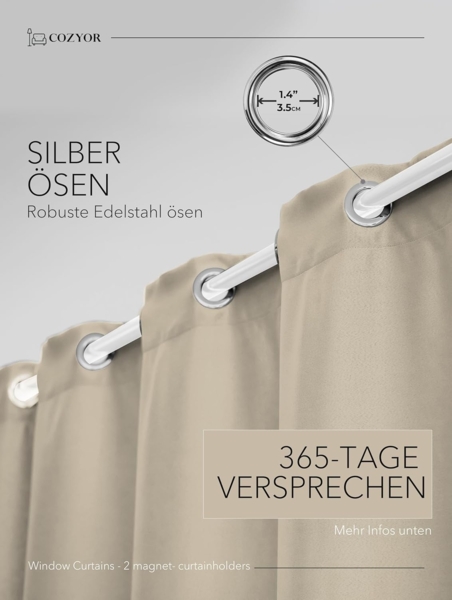 Cozyor Vorhang Set mit 2x Gardine + 2x Vorhanghalter + 1x Gardinenstange ohne Bohren, Ösen (2 St), verdunkelnd, Polyester, blickdicht beige Driftwood, Thermo Gardine 200x135 cm mit Magnethalter, Flur & Fenster Bild 7