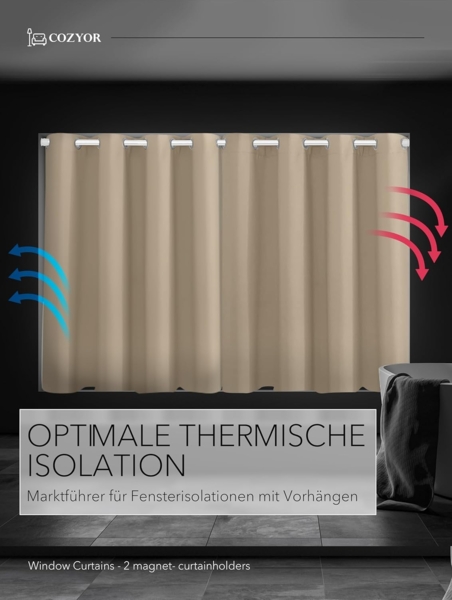 Cozyor Vorhang Set mit 2x Gardine + 2x Vorhanghalter + 1x Gardinenstange ohne Bohren, Ösen (2 St), verdunkelnd, Polyester, blickdicht beige Driftwood, Thermo Gardine 200x135 cm mit Magnethalter, Flur & Fenster Bild 6