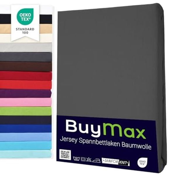Buymax® Spannbettlaken 100x200 cm Baumwolle 100% Spannbetttuch Bettlaken Jersey, Matratzenhöhe bis 25 cm, Farbe Anthrazit