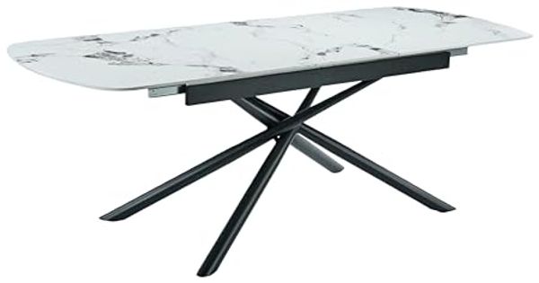 Hela Tische, Esstisch Auszugstisch Sintra, Platte Sintered Stone weiß Marmoroptik, Liftautomatik Auszug, Maß 180-220x90 cm