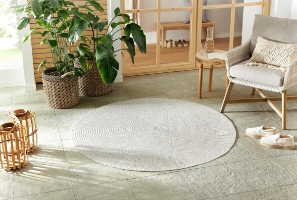Northrugs In -und Outdoorteppich Trenzado rund- Modernes Design Falchgewebe Handmade-Look für Balkon Terrasse Garten Wohnzimmer langlebig strapazierfähig pflegeleicht - Leicht Melange, ø 150