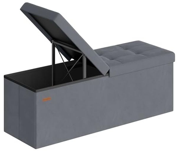 SONGMICS Sitztruhe mit Deckel, Sitzbank mit Stauraum, für Eingangsbereich, Aufbewahrungsbox, 38 x 110 x 38 cm, Samt, grau