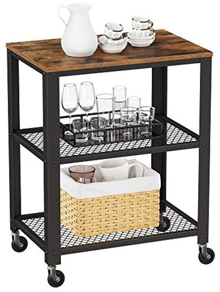 Songmics 'Vasagle' Servierwagen aus Holz und Metall, auf 4 Rollen, 3 Ebenen, Vintage schwarz, 60 x 76,5 x 40 cm