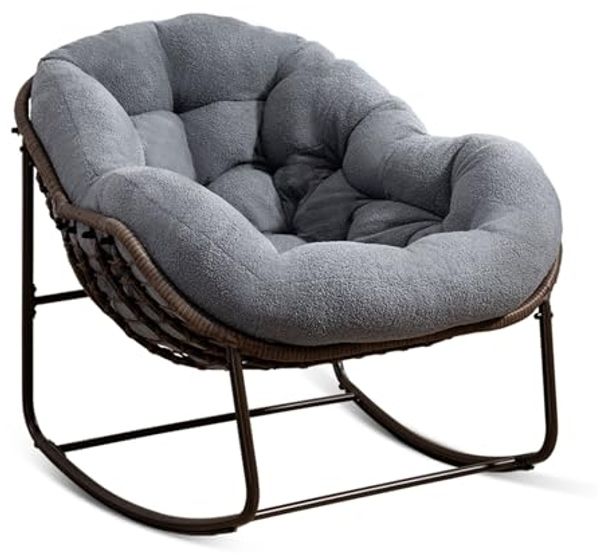 SeedWave Schaukelstuhl Übergrößen mit PE-Rattangeflecht, 15cm dickes Samtkissen, bequemer Loungesessel, stylische Eierschalenform, modernes Design