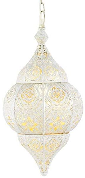 Marrakesch Orient & Mediterran Interior Pendelleuchte Hängeleuchte Layan Weiß 40cm, Orientalische Metalllampe Weiß-Gold, Handarbeit