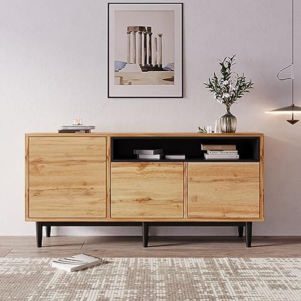 FurnitureR Stylischer Wohnzimmerschrank aus Holz mit Schwarzem Element, Langlebiger Metallrahmen, Modernes Design für Minimalistischen Wohnstil, Platzsparend