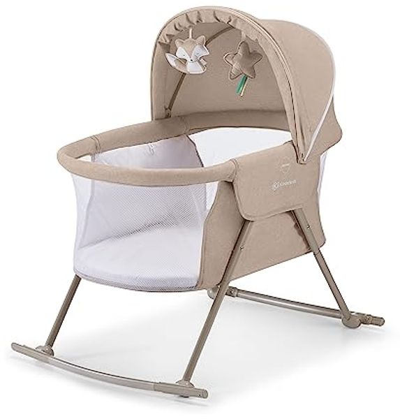 Kinderkraft Kinderbett 3 in 1 LOVI, Kinderreisebett, Stubenwagen, Babywiege, Baby Wippe, Zusammenklappbar, Einfach Transport, mit Zubehör, Tasche, Moskitonetz,von Geburt bis 9 kg, Beige