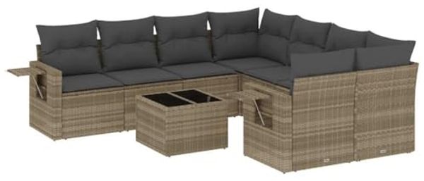 vidaXL 9-tlg. Garten-Sofagarnitur mit Kissen Hellgrau Poly Rattan 3252299
