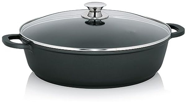 kela Servierpfanne Kerros, Länge: 36 cm, 7 L, Aluguss, Allherdboden, feuerfester Glasdeckel mit Edelstahlknopf, antihaftbeschichtet, hitzebeständig bis 180° C mit Deckel, bis 230° C ohne Deckel, 11555