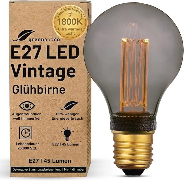 greenandco Vintage Design LED Birne zur Stimmungsbeleuchtung | E27 A60 | smoke | 2W 45lm | 1800K extra warmweiß | 320° | 230V | flimmerfrei | nicht dimmbar | Edison Glühbirne