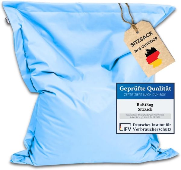BuBiBag XXL Sitzsack, Outdoor Sitzsäcke für Kinder und Erwachsene, Bodenkissen Beanbag Fatboy wetterfest (Hellblau 180x145 cm)