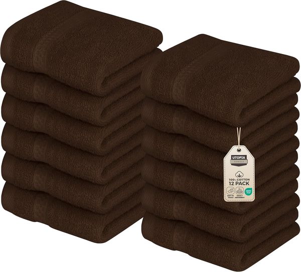 Utopia Towels - 12er Pack Seiftücher mit Aufhängeschlaufen 30x30 cm, aus 100% Baumwolle weiche und saugfähige Waschlappen für die Gesichtsreinigung (Braun)