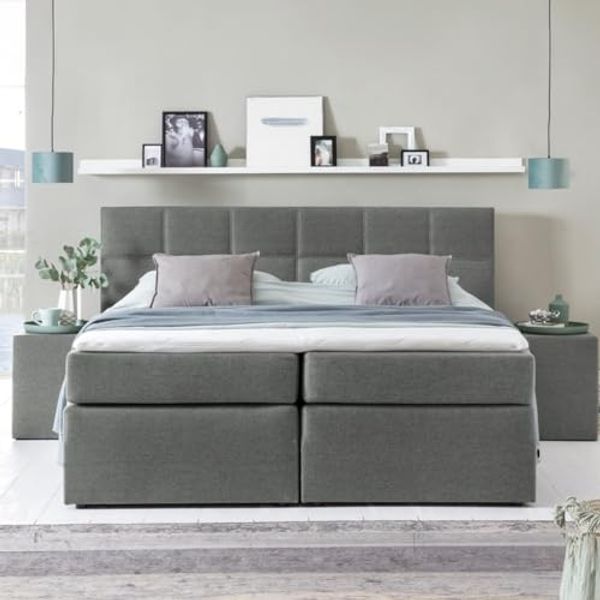 Möbelfreude Boxspringbett Bea, gesteppt, 7-Zonen Taschenfederkern, Visco Topper Polsterbett, Hellgrau H2/H3, 180x220 cm