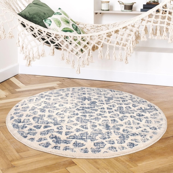 Teppich Rund Wohnzimmer - Blau Cream- 160x160cm – Kurzflor Modern Deko Boho Schlafzimmer Flur Dekoration - Skandinavische Teppiche