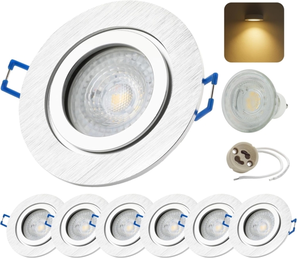 Sweet LED LED Einbaustrahler 6er Set IP44 Bad Aluminium GU10 7W LED Spots 230V Alu-gebürstet, Leuchtmittel wechselbar, 3000K - warmweiß, Deckenspots, Deckenstrahler, Einbauleuchten, spritzwassergeschützt